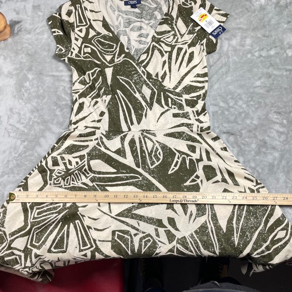 Chaps Womens Olive Green White Tropical Palm Leaf Faux Wrap A-Line Dress Size M - Picture 16 of 16
